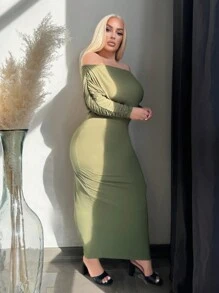 SHEIN SXY Plus Size Solid Color Off Shoulder Fitted Elegant Long Sleeve Dress