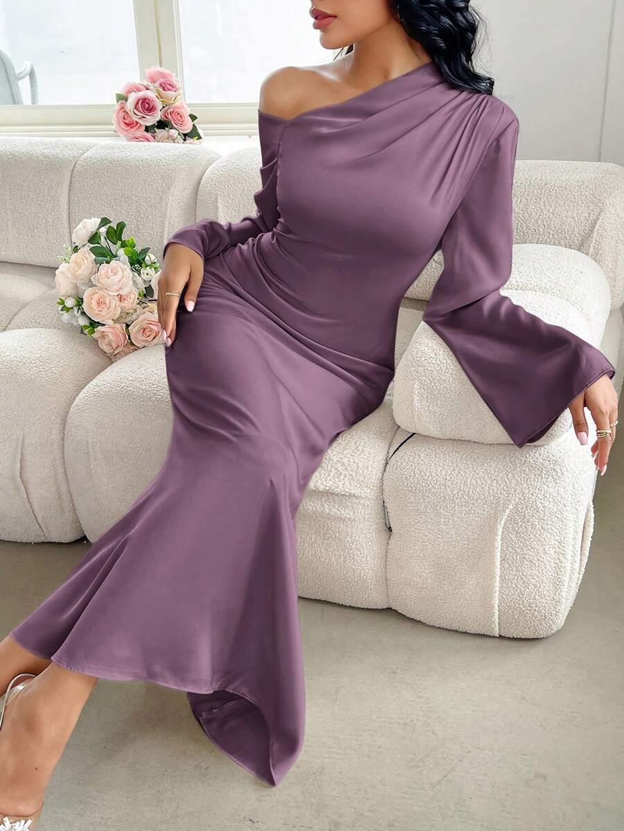 Modelyn 女士纯色露肩宽松长袖紧身连衣裙,带褶边,婚礼/场合礼服长款晚礼服 - 淺灰紫 - 查看 1