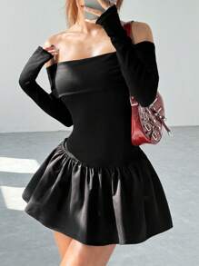 SHEIN EZwear Women's Elegant Solid Color Off Shoulder Floral Ruffle Hem Mini Dress, Autumn Season - Black - View 3