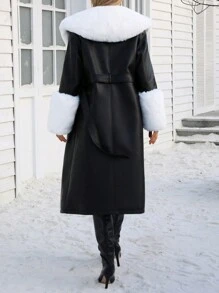 Almamuse Women Furry Patchwork Drawstring Front Long Casual Pu Leather Long Jacket Fall Winter Cloth For Women - Black and White - View 2