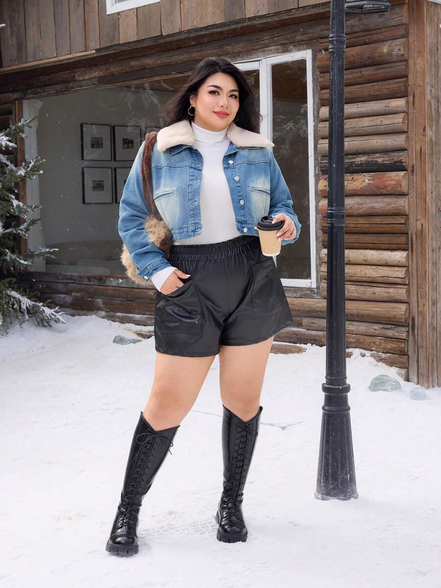 SHEIN EZwear Veste en jean vintage lavée en coton non stretch style Y2K pour femmes grandes tailles, veste en jean thermique avec col en peluche pour femmes pour l'hiver, Noël, Thanksgiving