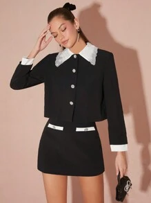 Enchnt 1 件女式秋季撞色翻领长袖单排扣优雅夹克