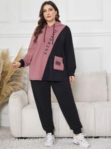 Lacomfia 2pcs/Set Plus Size Casual Color Block Print Hoodie Sweatshirt And Elastic Waist Pants, Spring And Autumn 2 Pieces Set - Multicolor - View 3