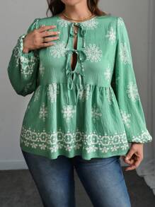 SHEIN LUNE Blusa holgada con manga farol y nudo al frente con estampado floral para mujer talla grande, otoño