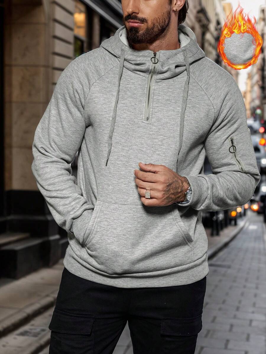 Manfinity Homme 男式纯色前拉链长袖口袋休闲连帽衫上衣 - 灰色 - 查看 1