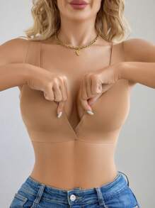 1pc Women's Minimalist Comfortable Seamless Wireless Bra With Front Closure, Padded, Wide Strap - Apricot - View 3