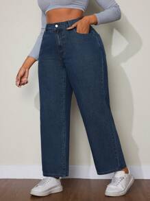 SHEIN EZwear 大码女式口袋宽松阔腿休闲百搭男友风牛仔裤 - 藍色 - 查看 3