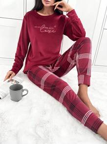 SHEIN Cottnline Women Velvet Injection Slogan Printed Shirt And Plaid Pattern Bottom Homewear Lounge Set - Burgundy - View 1