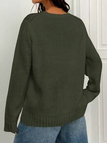 SHEIN EZwear 女士圆领长袖图案细节简约休闲毛衣 - 墨綠色 - 查看 2
