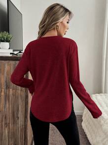 SHEIN LUNE Rosso Ancora Christmas Women Clothes Women's Casual Solid Color Half-Button Curved Hem Long Sleeve Red T-Shirt, Spring And Autumn - Red - View 4