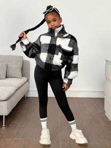 SHEIN Tween Girl 休闲街头运动领黑白格子保暖羊毛加厚工装口袋短夹克，适合秋冬季 - 黑與白 - 查看 1