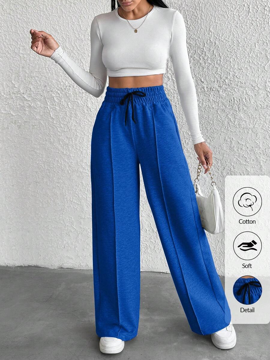 Cottnline Petite Drawstring Waist Wide Leg Pants - Royal Blue - View 1