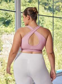 Easithlete Plus Size Women Slogan Patchwork Elastic Sports Bra - Pink - View 5