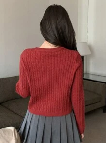 DAZY Textured Cable Knit Embroidery Letter Cardigan Sweater, Christmas Wear For Women ,Holiday