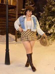 SHEIN EZwear 大码女式拼布羊毛饰边长袖休闲牛仔夹克，圣诞服装女式感恩节女装，秋季 - 藍色 - 查看 4