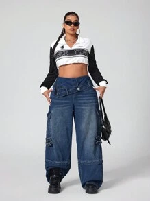 SHEIN ICON Plus Size Asymmetrical Stylish Waist Design, Multi-Pocket Cargo Jeans