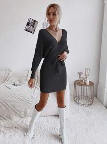 Chiquease 女士休闲纯色 V 领蝙蝠袖毛衣连衣裙，秋冬