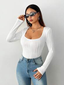 SHEIN PETITE 高弹力针织提花方领女式长袖紧身衣 - 白色 - 查看 5