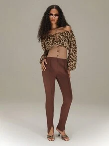 SHEIN Unity Solid Colour Pintuck Front Trousers With Split Hem New Year Fall Cloth For Women - Coffee Brown - View 3