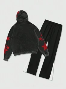 ROMWE MEN Street Life Setelan Kasual 2 Potong untuk Pria: Hoodie Bergambar Potret dan Celana Olahraga Tali Serut Warna Kontras - Hitam - View 2
