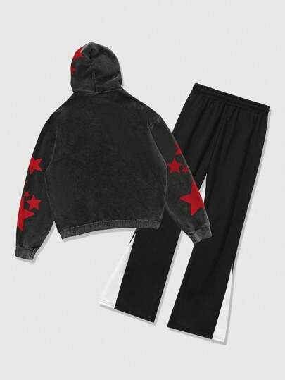 Street Life 2pcs Casual Outfit For Men: Portrait Graphic Hoodie And Contrast-Color Drawstring Sweatpants Tracksuit