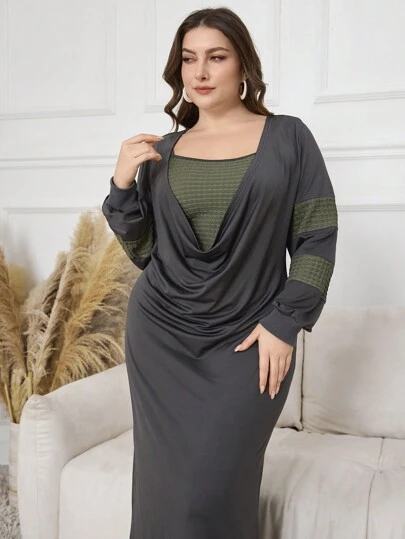 Mulvari 大码女式拼色圆领长袖休闲超长运动衫连衣裙