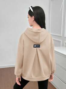 SHEIN Tween Girls Loose Fit Gathered Back Design Casual Pullover Long Sleeve Hoodie Sweatshirt - Khaki - View 5