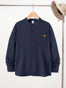 Tween Boy Textured Ribbed Collar Flap Pocket Long Sleeve Shirt, Autumn - Navy Blue - View 7