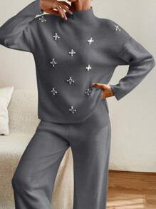 EURMUSE Women Sweater With Pearl Detailed And Knit Pant - Grey - View 3