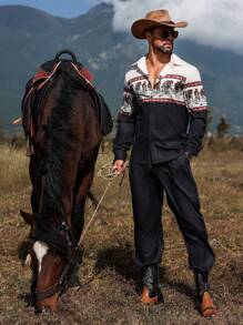 Manfinity Nomadique Men's Western Cowboy Casual Vacation Wild Horse Print Black Khaki Color Block Long Sleeve Shirt & Pants Suit, Men Clothes, Long Sleeve Men Button Up Vintage Shirts & Pants, Men Two Pieces Outfits - Multicolor - View 3