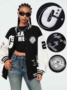 SHEIN EZwear Women's Fall/Winter Y2K Graphics Basic Varsity Jacket - Black - View 3