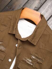 Manfinity Homme Camisa vaquera casual desgastada para hombre con bolsillos de solapa, sencilla y elegante - Marrón - Ver 5