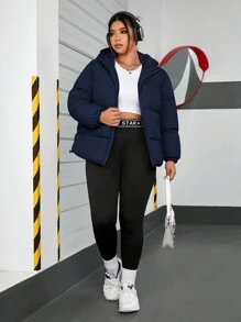 SHEIN EZwear Women's Solid Color Hooded Plus Size Padded Coat, For Winter - Navy Blue - View 4