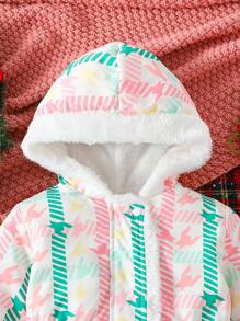Young Girls Formal Elegant Mid-Length Zipped Plaid Digital Print Hooded Fleece Jacket, Suitable For Autumn/Winter Spring, For Christmas - Multicolor - View 6