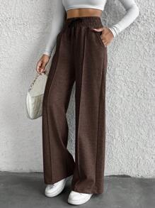 EURMUSE Petite Drawstring Waist Wide Leg Pants - Brown - View 3