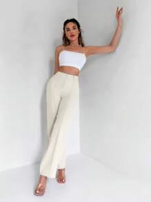 SHEIN Women's Solid Color Button Toothpick Stripe Casual Versatile Commuting Wide Leg Pants - Apricot - View 4