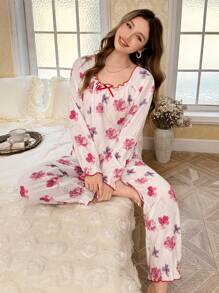 Floral Print Square Neck Bow Decor Women Pajama Set
