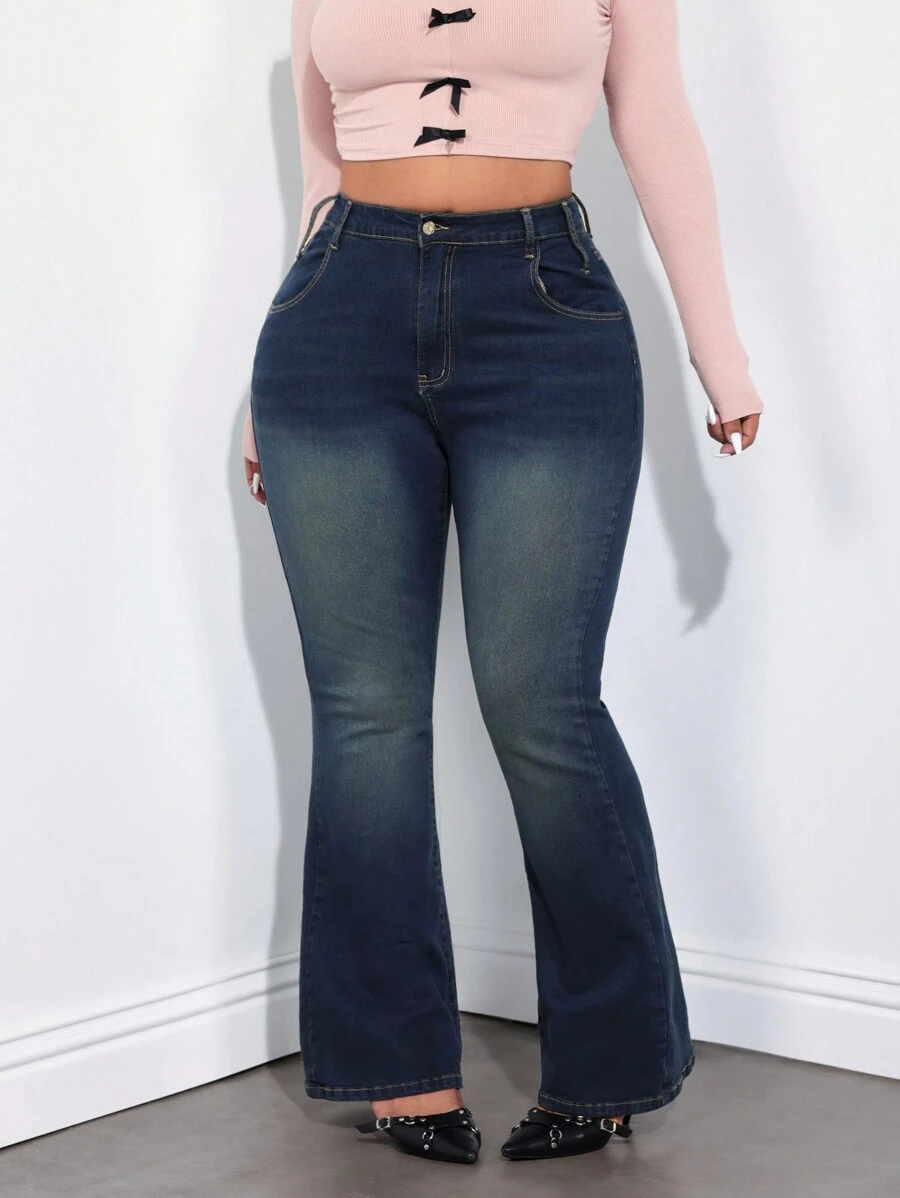 SHEIN ICON Women Casual Washed Mid-Waist Flared Jeans With Slant Pockets - Dark Wash - View 1