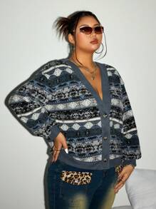 SHEIN ICON Plus Size Women's Geometric Pattern Long Sleeve Single Breasted Casual Jacket, Autumn/Winter - Multicolor - View 4