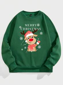 Manfinity Homme Christmas Snowflake & Reindeer Family Print Crew Neck Standard Fit Casual Pullover Sweatshirt, Green