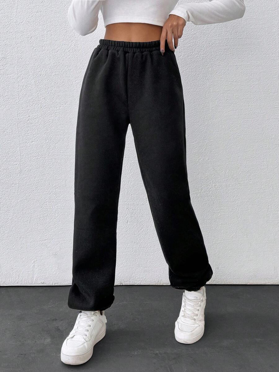 RueChic Women Casual Solid Color Elastic Waist Sweatpants - Black - View 1