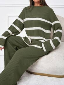 SHEIN Tall Women's Striped Drop Shoulder Sweater Two Piece Set - Khaki - View 5