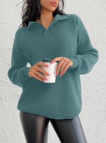 Áo len dệt kim rộng rãi thả vai thường ngày cho nữ có cổ bẻ - Màu xanh Cadet - Xem 5