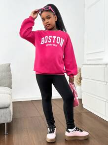 SHEIN Bộ 2 món/Bộ áo len dài tay và quần dài cho bé gái tuổi teen trang phục thể thao thường ngày - Màu Hồng Tươi - Xem 4