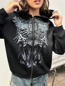 INAWLY 女士秋冬新款宽松休闲复古印花拉链连帽衫运动衫 - 黑色 - 查看 5