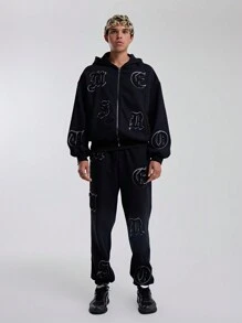 Musero Men's All Over Branded Applique Patch Detailing Zip Through Hooded Sweater SPRING SUMMER Essentials - Black - View 1