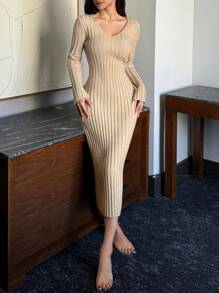 DAZY Vestido de casa ajustado de punto con agujero grande, pijama de otoño e invierno, minimalista