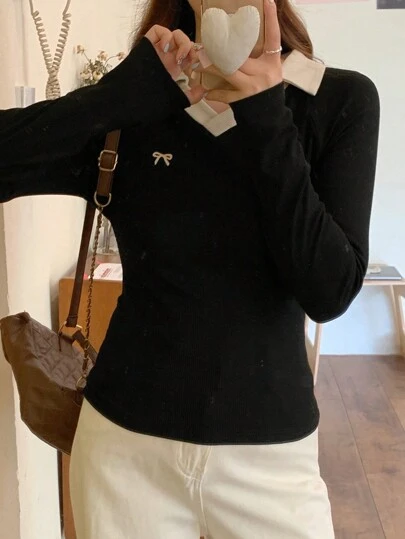 DAZY Camiseta casual de mujer con cuello polo de manga larga y bloques de color contrastante, nueva colección de otoño, ropa de mujer de otoño