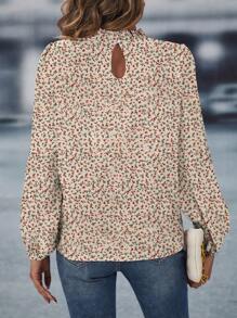 Breezaya Women's Holiday Ditsy Floral Frill Trim Round Neck Lantern Sleeve Casual Blouse Fall Cloth For Women - Apricot - View 2