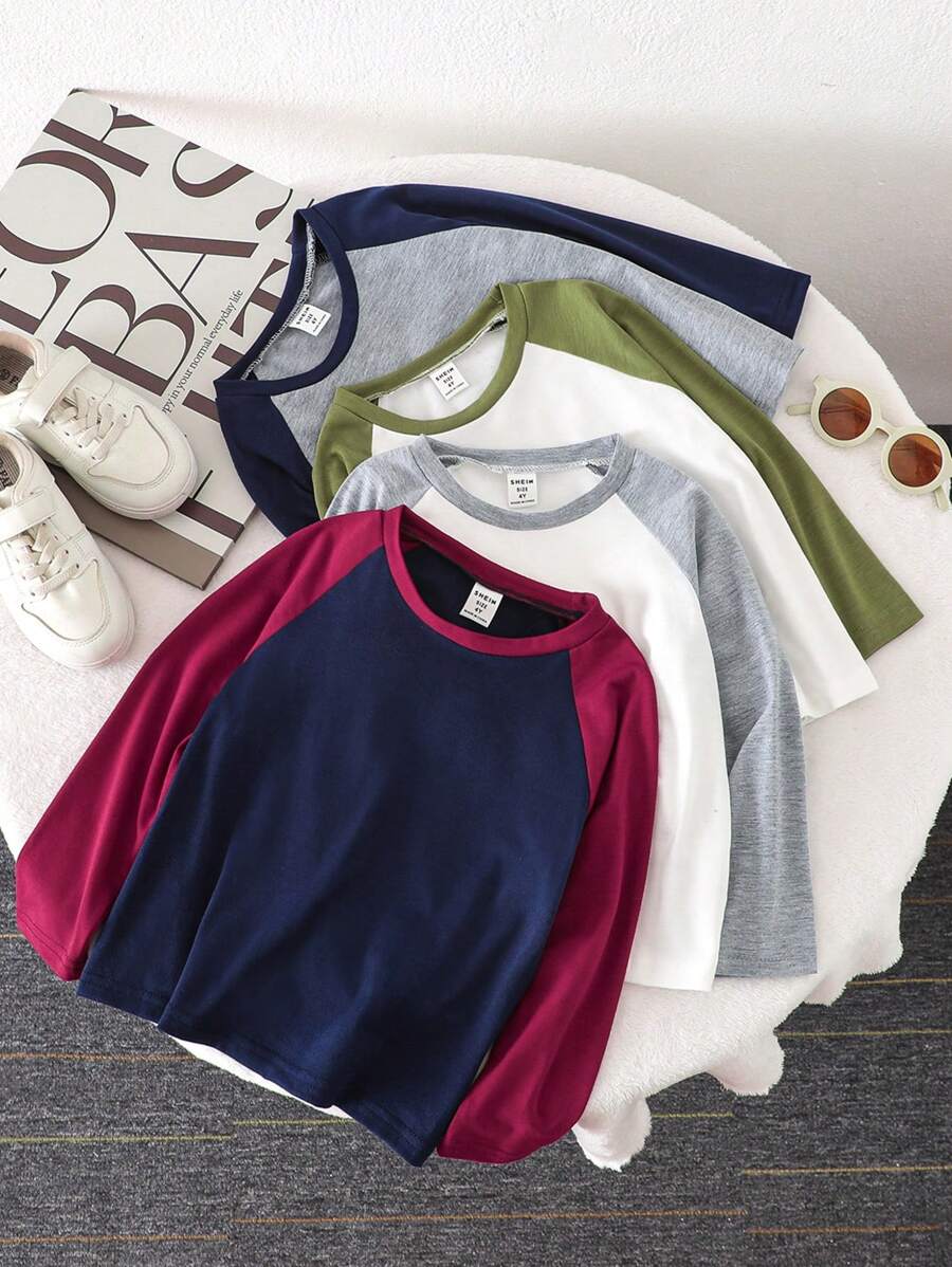 SHEIN 年轻男孩纯色拼色圆领长袖休闲 T 恤